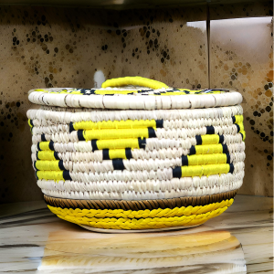 Handcrafted Sabai Grass Handmade Multi-Use Chapati & Roti Hot Box / Bread Basket / Storage Box / Casserole Dish for Kitchen (24x9x7 inch) – Lemon Yellow , Black & Off  White