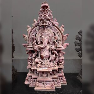 Lord Ganesha with rats, Khanja Work Pink Stone Statue