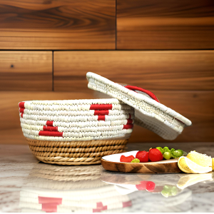 Handcrafted Sabai Grass Handmade Multi-Use Chapati & Roti Hot Box / Bread Basket / Storage Box / Casserole Dish for Kitchen (24x9x7 inch) – Red & Off  White