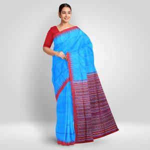 Dodger Blue Temple Border Sambalpuri Silk Saree