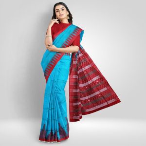 Pacific Blue Temple Border Sambalpuri Silk Saree