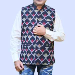 Black Sqare Design Sambalpuri Mens Jacket(Handloom)