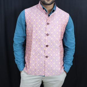 Thistle Pink Sambalpuri Cotton Nehru Jacket