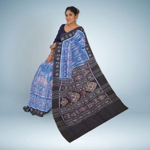 Nuapatana Tribal Design Cotton Saree With Blouse Piece ( Dark Blue-Gray)
