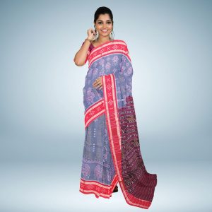 Nuapatana Floral Design Pasapali Border Cotton Saree With Blouse Piece (Ateneo Blue)