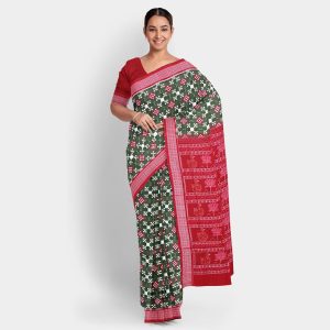 Gray-Asparagus Box Pattern Sambalpuri Cotton Saree