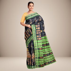 Elaborated Temple and Peacock Motif Khandua Silk Saree