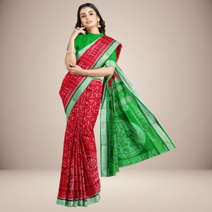 Cherry Red Tribal Design Sambalpuri Silk Saree