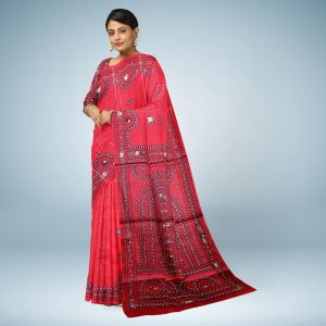 Brick Red Pattachitra Saura Painting Saree – Hand-Painted Traditional Tribal Art