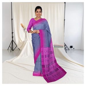 Desaturated Dark Blue Temple Border Tussar Silk Saree